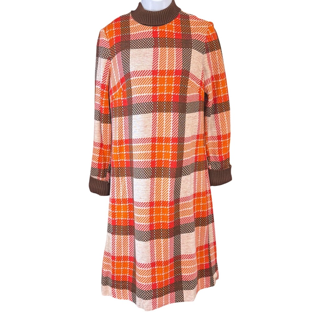 Vintage Jeanne Durrell Plaid Knit Dress Mod Retro 70s Autumnal Halloween Groovy